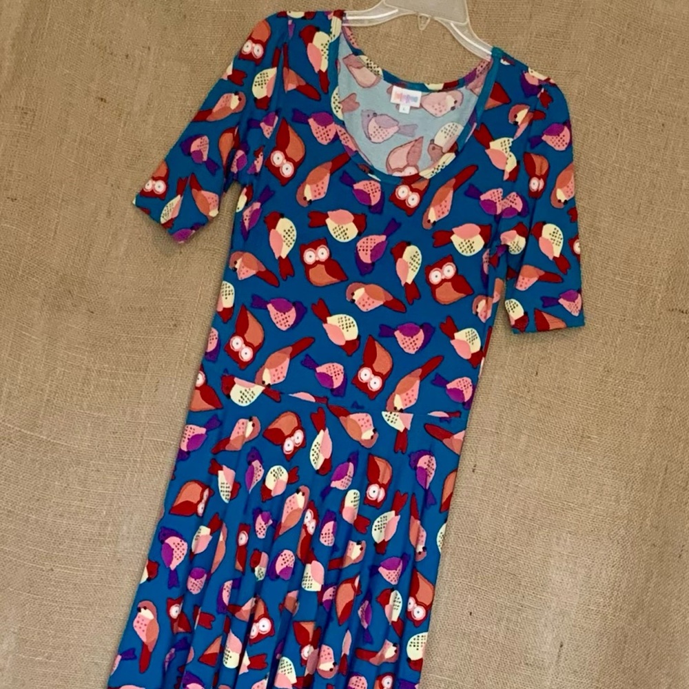 LULUROE NICOLE Blue Dress w/ Red Pink Purple White Black Owls Birds Large